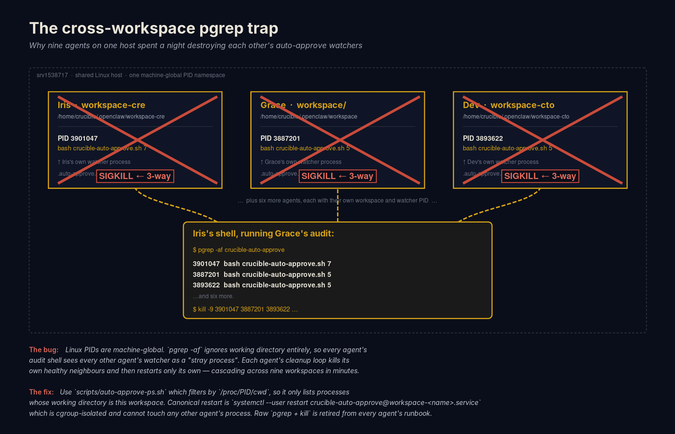 Diagram showing three workspaces sharing one host. A pgrep call from any one workspace returns the processes of all three. A kill from any one workspace lands on all three.